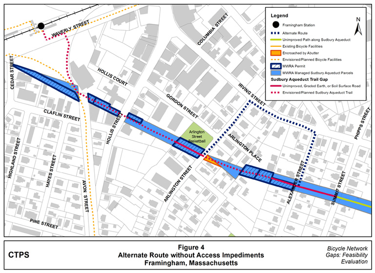 Figure 4 – Map illustrating an alternate route for the Sudbury Aqueduct Trail that would travel along Irving Street for a block to circumvent the access impediments presented by the Sudbury Aqueduct abutter whose driveway is encroaching on the aqueduct ROW without an MWRA permit.Figure 4 – Map illustrating an alternate route for the Sudbury Aqueduct Trail that would travel along Irving Street for a block to circumvent the access impediments presented by the Sudbury Aqueduct abutter whose driveway is encroaching on the aqueduct ROW without an MWRA permit.